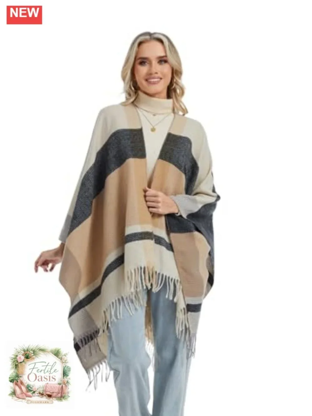 Women's Soft Faux Cashmere Shawl Wrap, Open Front Poncho Cape Cardigan,